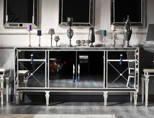 Casa Padrino Luxus Barock Kommode mit Spiegelglas Silber / Gold 205 x 55 x H. 100 cm - Verspiegelter Wohnzimmerschrank - Luxus Qualit�t