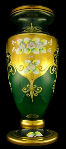 Casa Padrino Luxus Barock Glas Vase Grn / Mehrfarbig / Gold H. 60 cm - Prunkvolle handgefertigte & handbemalte Blumenvase - Barock Deko Accessoires