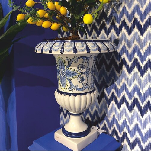 Casa Padrino Luxus Barock Keramik Blumentopf Wei� / Blau / Gelb  45 x H. 57 cm