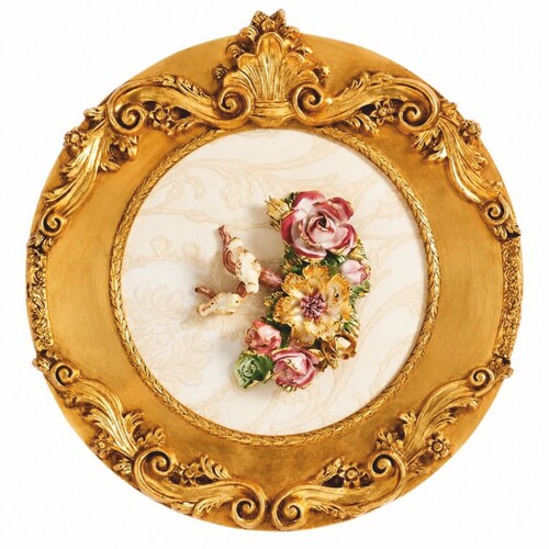 Casa Padrino Luxus Barock Keramik Gem�lde mit Massivholzrahmen Creme / Beige / Gold / Bunt  70 cm - Barock Wanddeko - Made in Italy