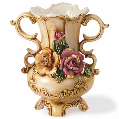 Casa Padrino Luxus Barock Keramik Vase Beige / Bunt / Gold H. 27 cm - Made in Italy