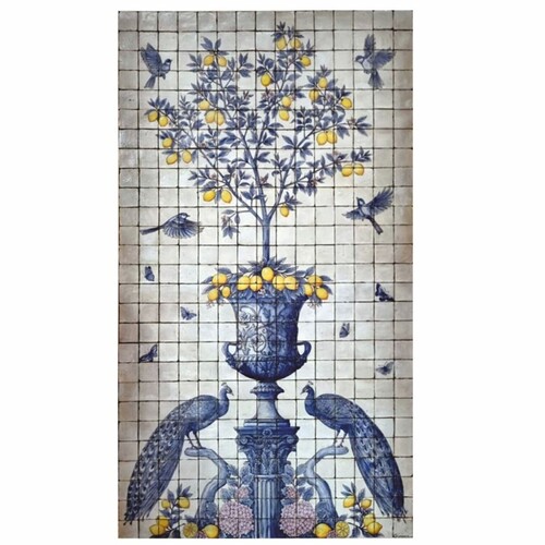 Casa Padrino Luxus Barock Keramik Wandgem�lde Creme / Blau / Gelb / Lila H. 280 cm - Mosaik Fliesen Gem�lde