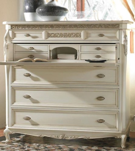 Casa Padrino Luxus Barock Schreibkommode mit 9 Schubladen Antik Wei� / Silber 130 x 57 x H. 127 cm - Luxus Qualit�t - Edle Barock M�bel