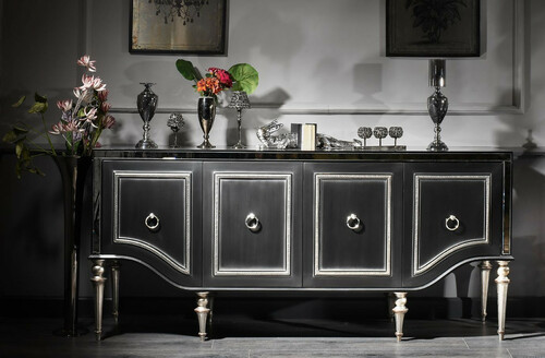 Casa Padrino Luxus Barock Sideboard Schwarz / Silber 220 x 103 x H. 56 cm - Wohnzimmerschrank mit Glasplatte und 4 T�ren - Luxus Barock Wohnzimmer M�bel