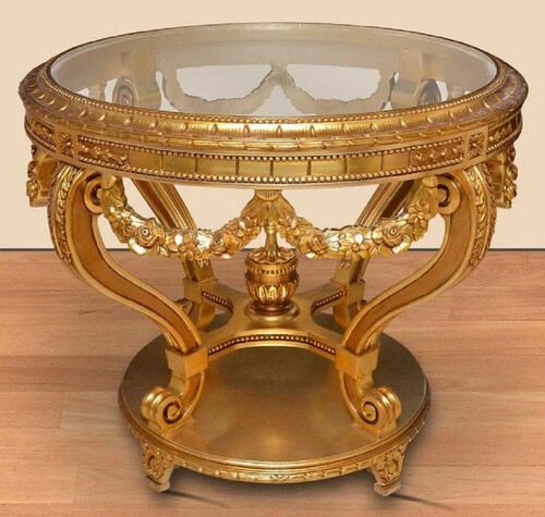 Casa Padrino Barock Konferenztisch Gold - Runder Massivholz B�ro Tisch mit Glasplatte - Barock B�ro M�bel - Edel & Prunkvoll