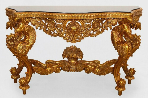 Casa Padrino Luxus Barock Konsole Gold / Schwarz - Handgefertigter Massivholz Konsolentisch mit edlen Verzierungen und Marmorplatte - Barock M�bel