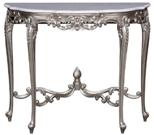 Casa Padrino Luxus Barock Konsole Silber / Wei� - Handgeferigter Massivholz Konsolentisch mit Marmorplatte - Barock M�bel