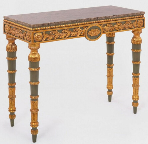 Casa Padrino Luxus Barock Konsole Grau / Antik Gold / Braun - Handgefertigter Massivholz Konsolentisch mit edlen Verzierungen und Marmorplatte - Barock M�bel