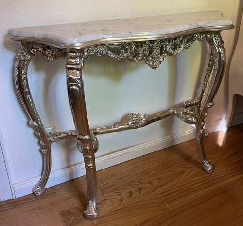 Casa Padrino Luxus Barock Konsole Silber / Wei� - Handgefertigter Massivholz Konsolentisch mit Marmorplatte - Barock M�bel - Luxus Qualit�t - Made in Italy