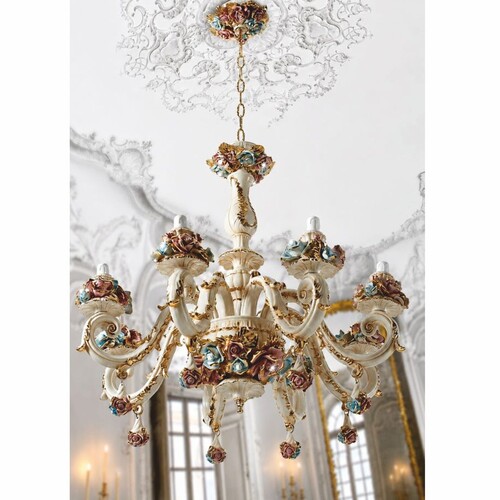 Casa Padrino Luxus Barock Keramik Kronleuchter Wei� / Bunt / Gold  90 x H. 150 cm - Made in Italy