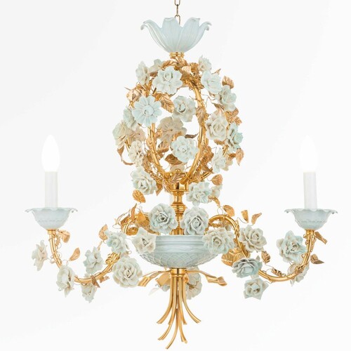 Casa Padrino Luxus Barock Kronleuchter Gold / Wei� / Gr�n  58 cm - Prunkvoller Kronleuchter mit Porzellan Blumen - Made in Italy