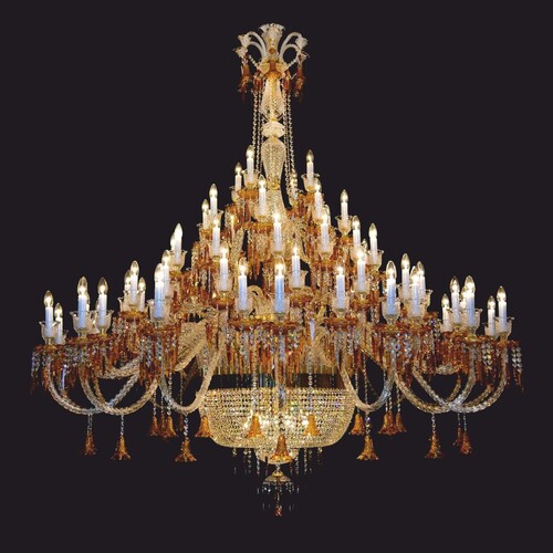 Casa Padrino Luxus Barock Hotel Kronleuchter mit b�hmischem Kristallglas Bernstein / Gold  210 x H. 230 cm