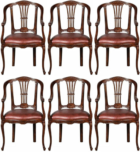 Casa Padrino Luxus Barock Leder Esszimmer Stuhl 6er Set mit Armlehnen Braun - Prunkvolle Barockstil Echtleder K�chen St�hle - Luxus Barock Esszimmer M�bel - Edel & Prunkvoll