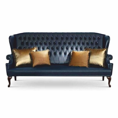 Casa Padrino Luxus Barock Chesterfield Leder Hochlehn Sofa Blau / Dunkelbraun 220 cm - Made in Italy