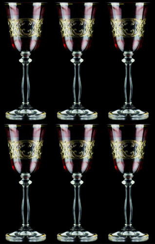 Casa Padrino Luxus Barock Lik�rglas 6er Set Bordeauxrot / Gold  5,5 x H. 17 cm - Handgefertigte und handbemalte Lik�rgl�ser - Hotel & Restaurant Accessoires - Luxus Qualit�t