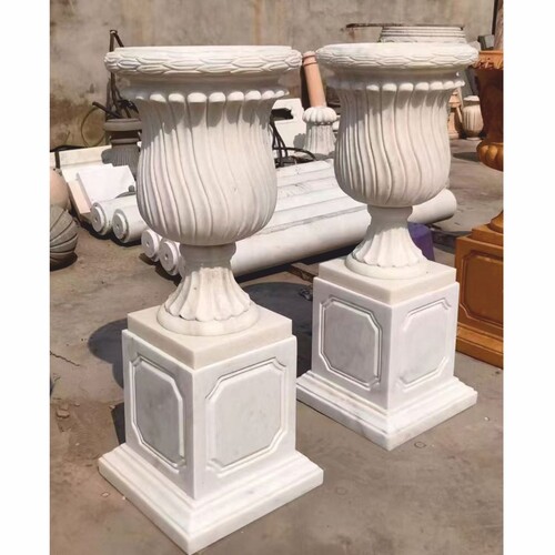 Casa Padrino Luxus Barock Garten Deko Marmor Blumentopf Set auf S�ulen Wei� H. 105 cm