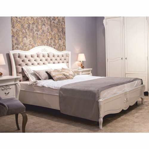 Casa Padrino Luxus Barock Massivholz Doppelbett Wei� / Grau - Barock Schlafzimmer M�bel