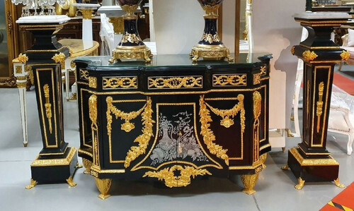 Casa Padrino Luxus Barock M�bel Set Schwarz / Gold - 1 Barock Kommode und 2 Barock S�ulen - Prunkvolle Barock M�bel