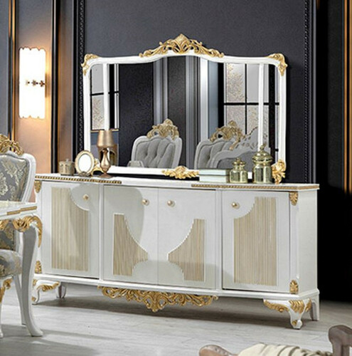 Casa Padrino Luxus Barock M�bel Set Wei� / Gold - 1 Barock Sideboard mit 4 T�ren & 1 Barock Wandspiegel - Prunkvolle Barock M�bel