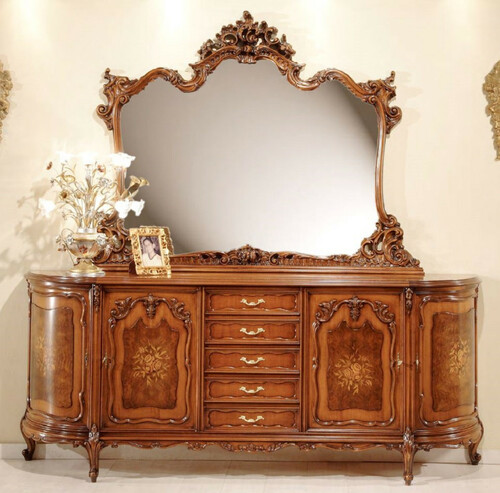 Casa Padrino Luxus Barock Sideboard mit Spiegel Braun - Prunkvoller Massivholz Schrank mit Wandspiegel - Handgefertigte Barock Hotel M�bel - Luxus Qualit�t - Made in Italy
