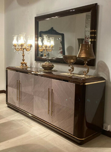 Casa Padrino Luxus M�bel Set Dunkelbraun / Grau / Gold - 1 Sideboard mit 4 T�ren & 1 Wandspiegel - Luxus Hotel M�bel