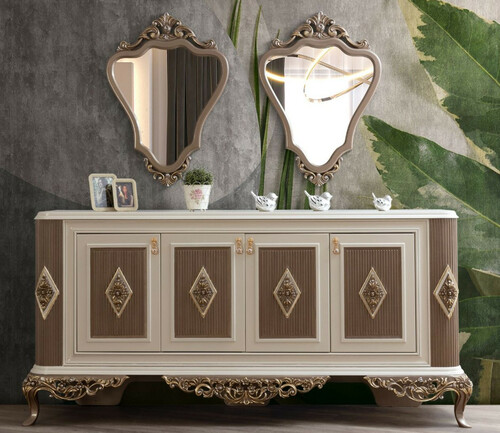 Casa Padrino Luxus Barock M�bel Set Wei� / Braun / Gold - 1 Sideboard mit 4 T�ren & 2 Spiegel - Edle Barock M�bel - Edel & Prunkvoll