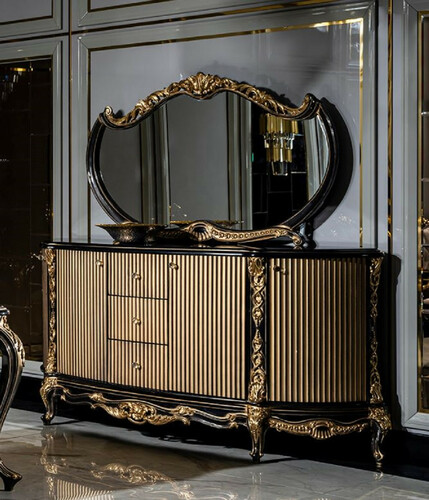 Casa Padrino Luxus Barock M�bel Set Schwarz / Gold - 1 Sideboard mit 4 T�ren und 3 Schubladen & 1 Spiegel - Handgefertigte Barock M�bel - Edel & Prunkvoll
