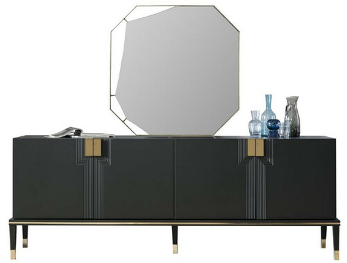 Casa Padrino Luxus M�bel Set Schwarz / Gold - 1 Sideboard mit 4 T�ren & 1 Spiegel - Moderne Massivholz M�bel - Luxus Kollektion