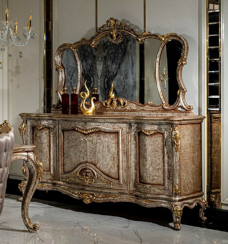 Casa Padrino Luxus Barock M�bel Set Antik Silber / Braun / Gold - 1 Sideboard mit 4 T�ren & 1 Spiegel - Handgefertigte M�bel im Barockstil