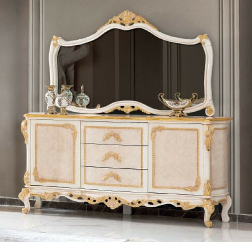 Casa Padrino Luxus Barock M�bel Set Sideboard mit Spiegel Beige / Wei� / Gold - Prunkvoller Massivholz Schrank mit elegantem Wandspiegel - M�bel im Barockstil