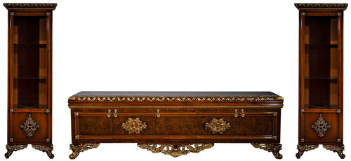 Casa Padrino Luxus Barock M�bel Set Braun / Gold - Edler Massivholz TV Schrank mit 2 Vitrinen - Barock Wohnzimmer M�bel
