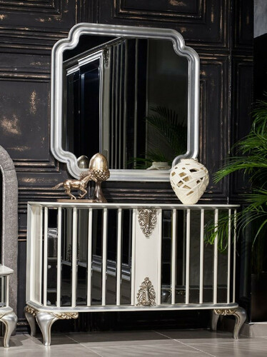 Casa Padrino Luxus Barock M�bel Set Sideboard mit Spiegel Wei� / Silber - Verspiegelter Massivholz Schrank mit elegantem Wandspiegel - Barock M�bel - Edel & Prunkvoll