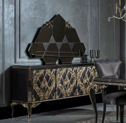 Casa Padrino Luxus Barock M�bel Set Sideboard mit Spiegel Blau / Schwarz / Gold - Edler Massivholz Schrank mit 4 T�ren und elegantem Wandspiegel - M�bel im Barockstil