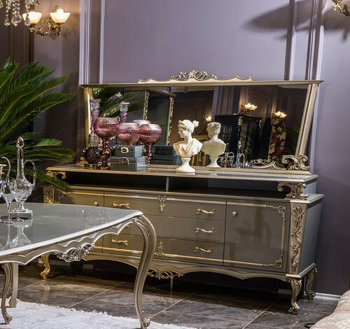 Casa Padrino Luxus Barock M�bel Set Sideboard mit Spiegel Grau / Silber - Prunkvoller Massivholz Schrank mit elegantem Wandspiegel - M�bel im Barockstil