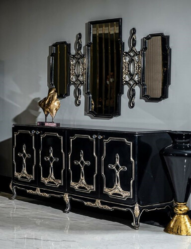 Casa Padrino Luxus Barock M�bel Set Schwarz / Gold - 1 Sideboard mit 4 T�ren & 1 Spiegel - Handgefertigte Barock M�bel - Edel & Prunkvoll