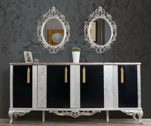 Casa Padrino Luxus Barock M�bel Set Silber / Schwarz / Gold - 1 Sideboard mit 4 T�ren & 2 Spiegel - Edle Barock M�bel - Edel & Prunkvoll