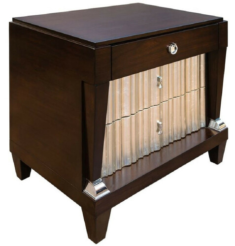 Casa Padrino Neoklassische Luxus Nachtkommode Dunkelbraun / Silber 66,5 x 46,5 x H. 70 cm - Edler Massivholz Nachttisch mit 3 Schubladen - Schlafzimmer M�bel im Neoklassischem Stil