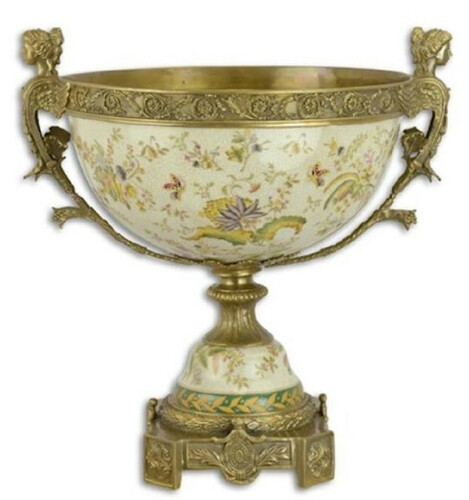 Casa Padrino Luxus Barock Porzellan Schale auf Sockel mit 2 Messing Griffen