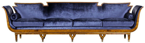 Casa Padrino Luxus Jugendstil 4er Samt Sofa Blau / Hellbraun - Edles Handgefertigtes Wohnzimmer Sofa - Barock & Jugendstil Wohnzimmer M�bel