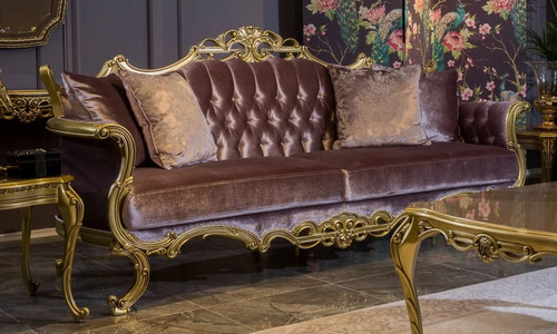 Casa Padrino Luxus Barock Samt Sofa Fliederfarben / Gold 226 x 84 x H. 109 cm - Prunkvolles Wohnzimmer Sofa mit dekorativen Kissen - Wohnzimmer M�bel im Barockstil