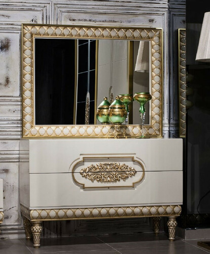 Casa Padrino Luxus Barock Schlafzimmer Kommode mit Spiegel Wei� / Gold - Handgefertigte Barock Schlafzimmer M�bel