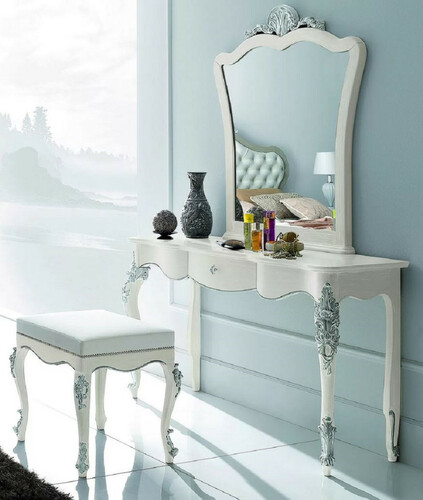 Casa Padrino Luxus Barock Schlafzimmer Set - 1 Barock Schminkkonsole & 1 Barock Wandspiegel & 1 Barock Hocker - Barock Schlafzimmer & Hotel M�bel - Luxus Qualit�t - Made in Italy