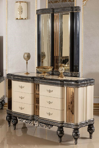 Casa Padrino Luxus Barock Kommode mit Spiegel Beige / Schwarz / Gold - Barockstil Schlafzimmer Kommode mit Spiegel - Luxus Schlafzimmer M�bel im Barockstil - Barock M�bel - Edel & Prunkvoll