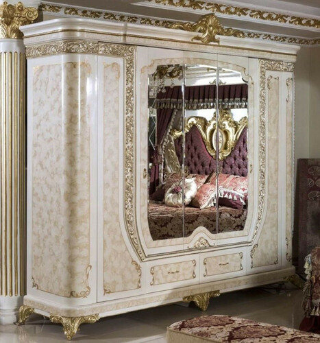 Casa Padrino Luxus Barock Schlafzimmerschrank Wei� / Beige / Gold - Prunkvoller Massivholz Kleiderschrank im Barockstil - Barock Schlafzimmer & Hotel M�bel - Edel & Prunkvoll