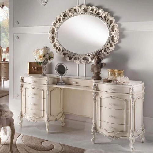 Casa Padrino Luxus Barock Schminkkommode mit Spiegel Creme / Silber - Made in Italy