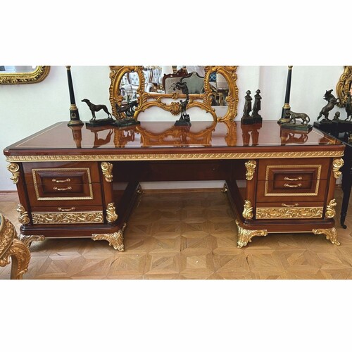 Casa Padrino Luxus Barock Massivholz Schreibtisch Braun / Gold 240 cm - Prunkvoller Barock B�rotisch - Barock B�ro M�bel