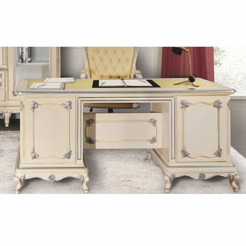 Casa Padrino Luxus Barock Schreibtisch Creme / Silber 180 cm - Made in Italy