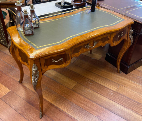 Casa Padrino Luxus Barock Schreibtisch Hellbraun / Dunkelbraun / Gr�n - Handgefertigter Massivholz Sekret�r mit 3 Schubladen - Edle Barock B�ro M�bel