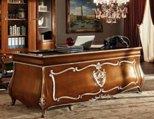 Casa Padrino Luxus Barock Schreibtisch Braun / Silber - Edler Massivholz B�rotisch - Barock B�ro M�bel - Luxus Qualit�t - Made in Italy