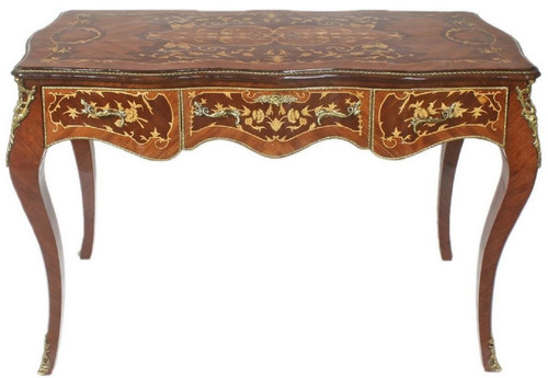 Casa Padrino Barock Schreibtisch Braun / Messingfarben 140 x 60 x H. 80 cm - Handgefertigter Massivholz B�rotisch mit 3 Schubladen und massiven Metallapplikationen - Barock B�ro M�bel